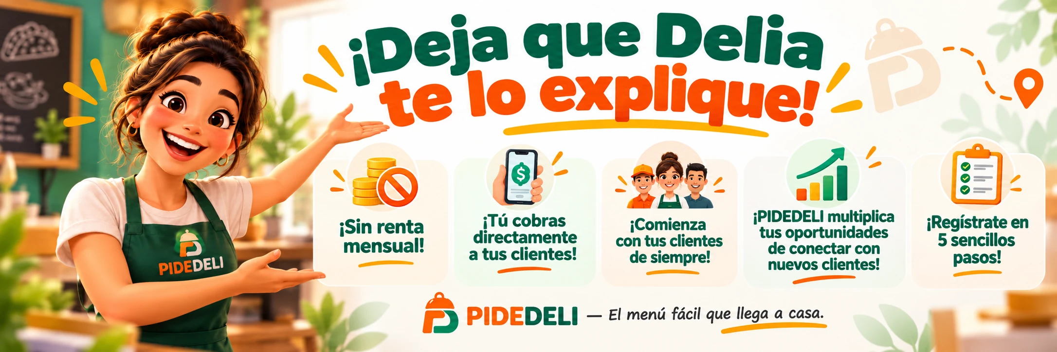 Delia presenta las ventajas de PIDEDELI: sin renta mensual, cobras directamente, comienzas con tus clientes habituales, conectas con nuevos clientes y te registras en cinco pasos.