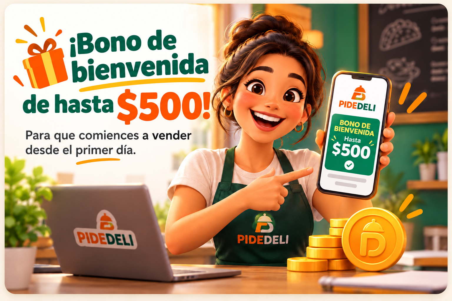 Ilustración comercial de PIDEDELI con una tienda de comida y pedidos digitales